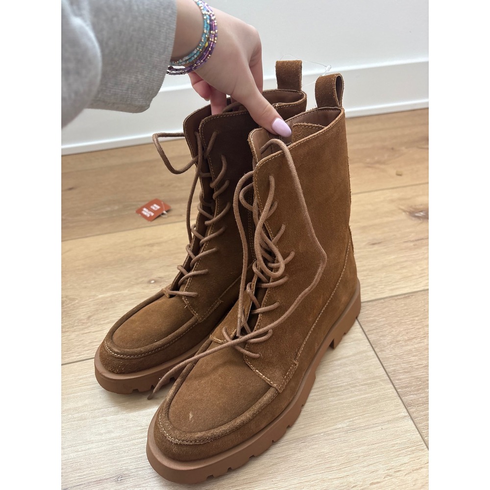 Dolce Vita Womens Suede Lace Up Combat Boots Brown Lug‎ Sole Side Zip Mid Calf 9